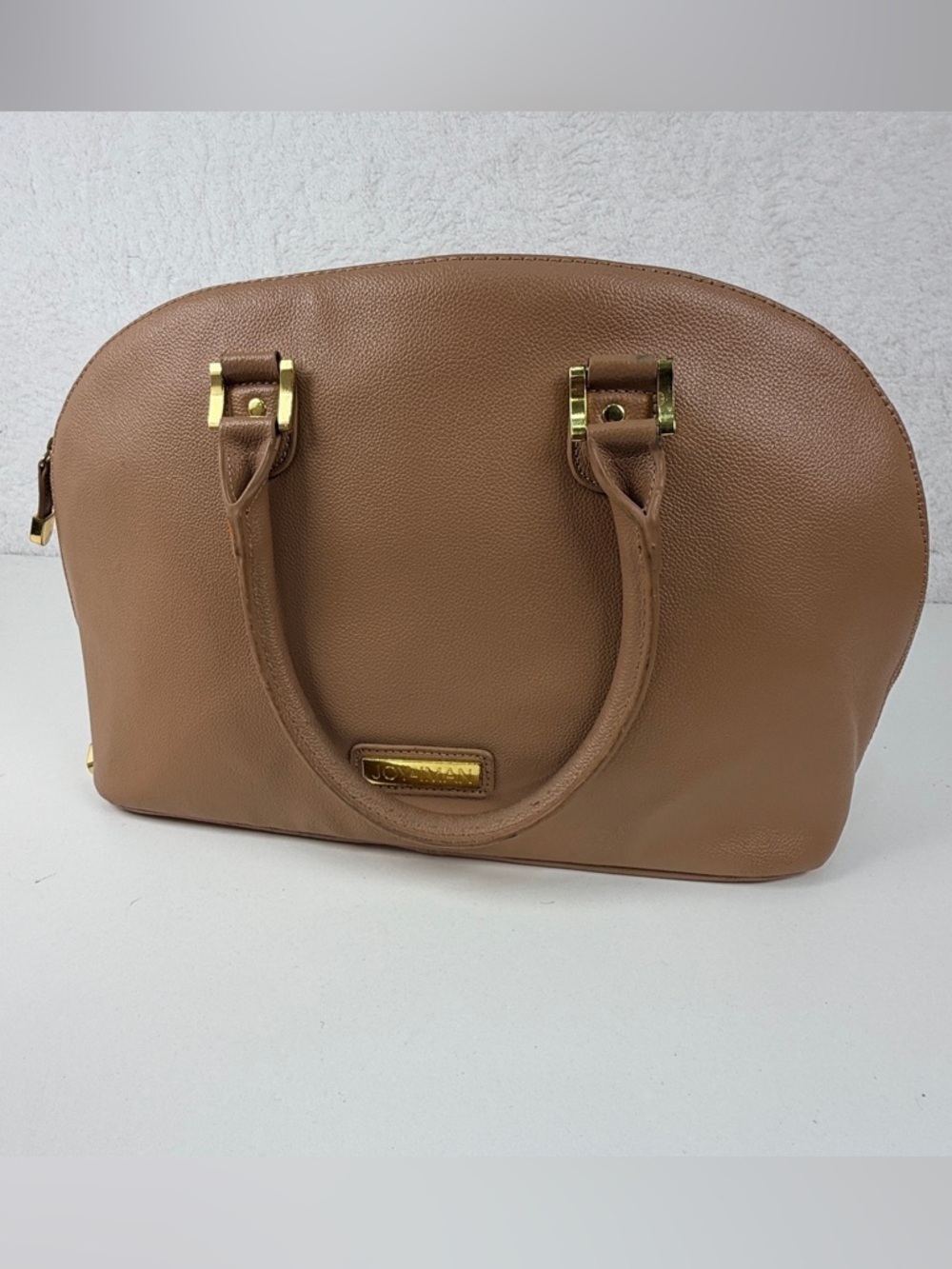 Joy & Iman Tan Pebble Leather Dome Satchel Handbag Gold Hardware